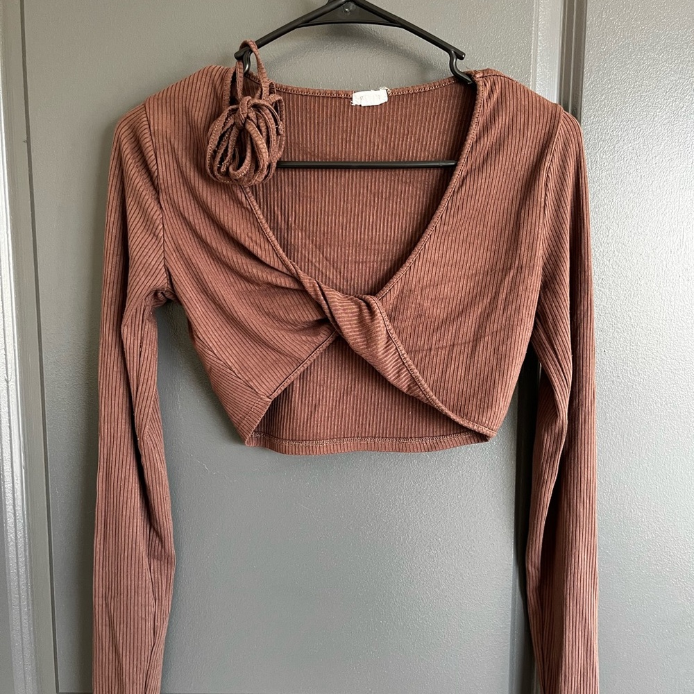 Garage Brown Long Sleeve Wrap Crop Top